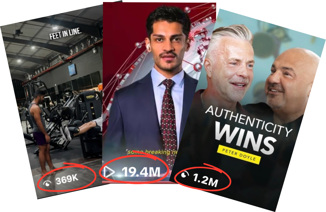 Three client videos with 369K, 19.4M and 1.2M views